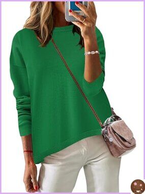 Women's Knit Pullover Sweater Long Sleeve Crewneck Loose Fit Casual Fall Top